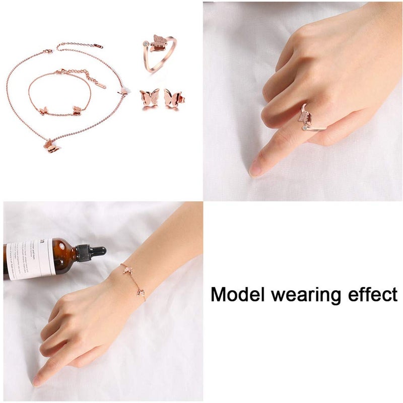 Cupimatch Butterfly Bracelet Ring Earrings Necklace Set, 18k Rose Gold Plated love Jewelry Gift Set for Women (Necklace bracelet earrings ring set) for Mothers Day - Image 5
